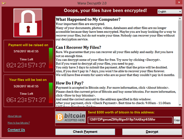 Wannacry Ransomware Attack instructions screen