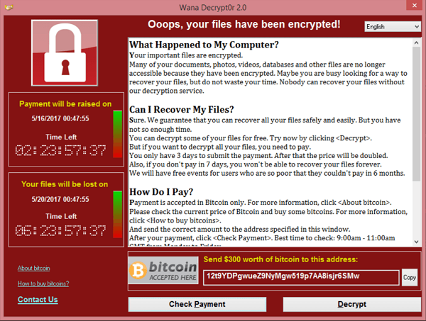 Wannacry Ransomware Attack instructions screen